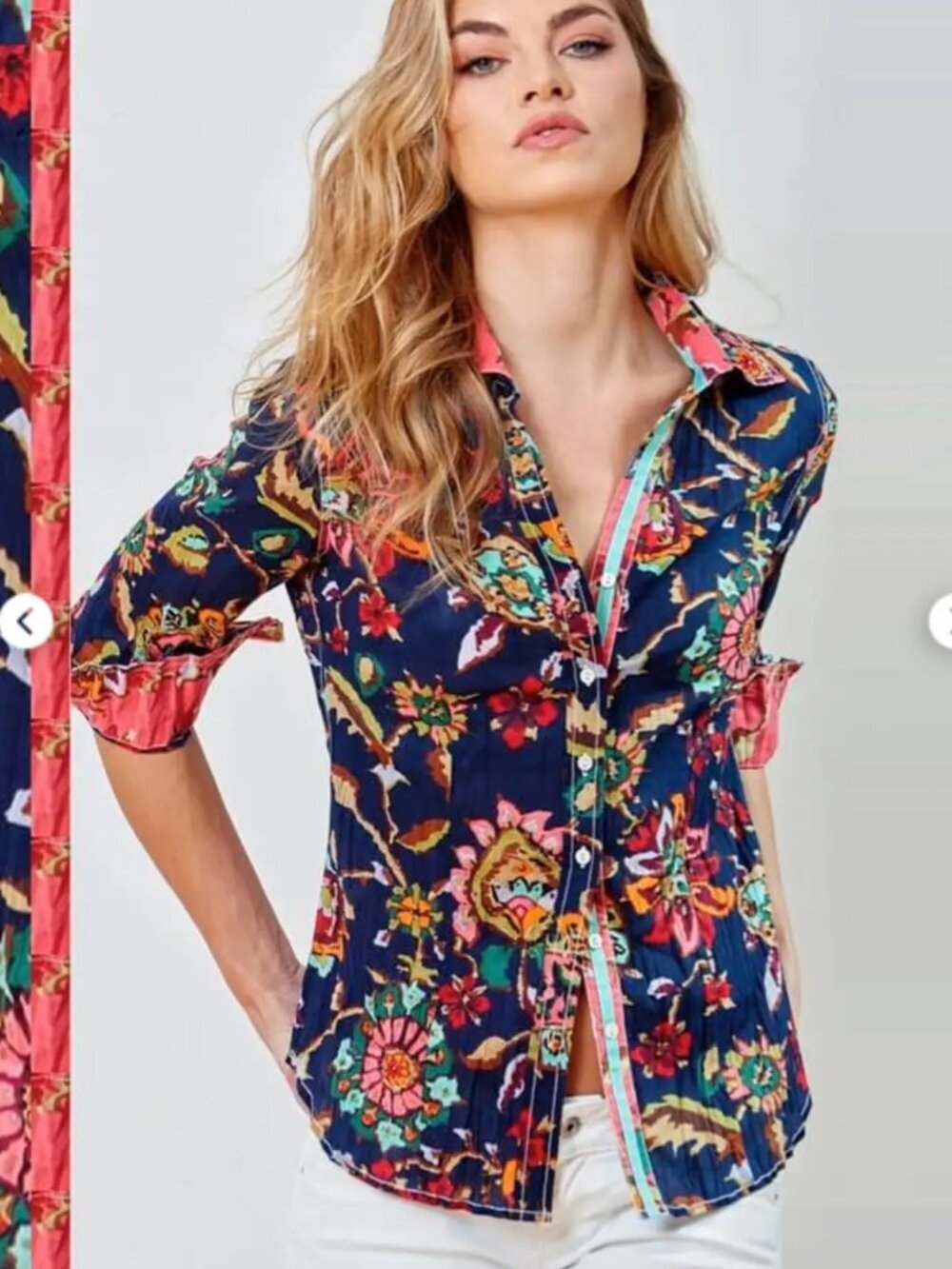 CINO Barbados Button Up Shirt Size XSmall Indigo Blue Boho Floral Coastal Preppy